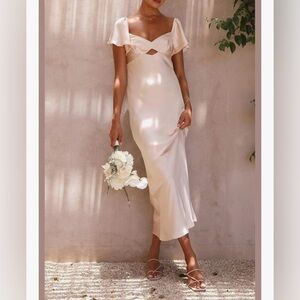Champagne bridesmaid maxi dress formal summer gown flutter sleeves & open back